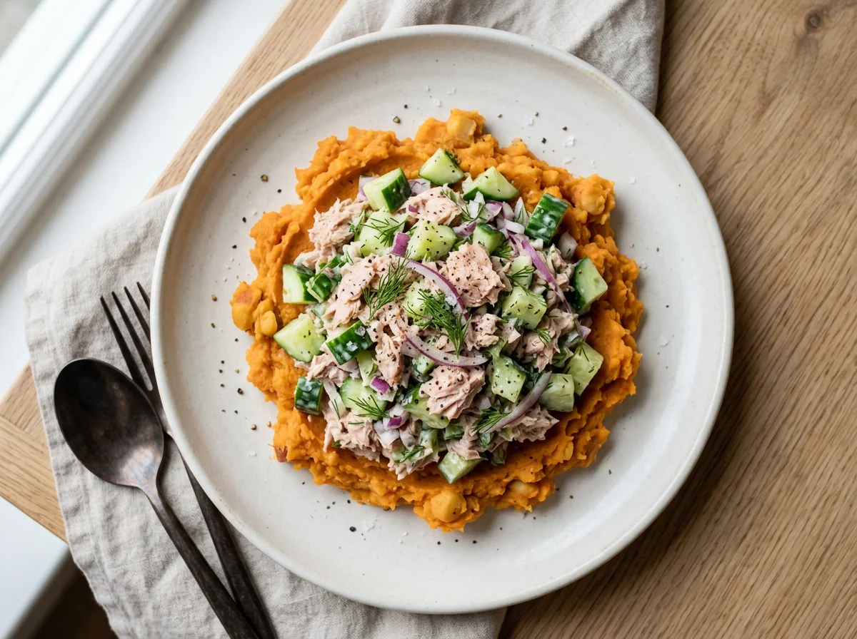 Tuna and Cucumber Salad on Mashed Sweet Potato photo