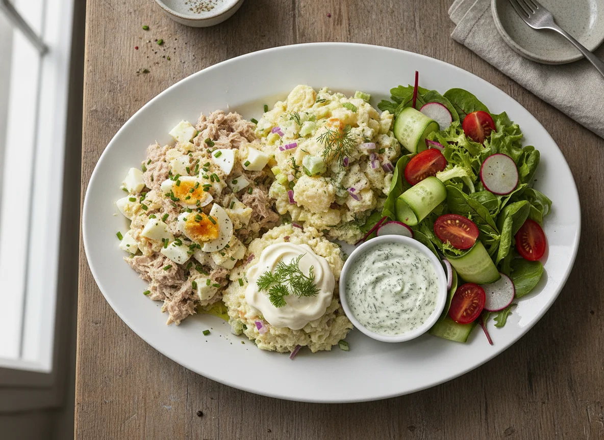 Tuna and Egg Salad with Potato Salad and Dressing photo