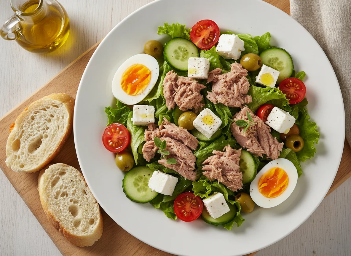 Tuna and Feta Salad with Boiled Eggs and Baguette photo