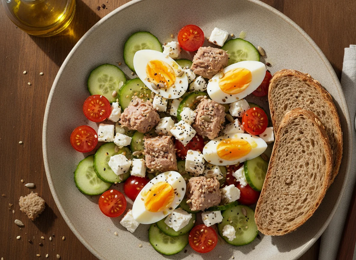 Tuna and Feta Salad with Boiled Eggs and Seeded Bread photo