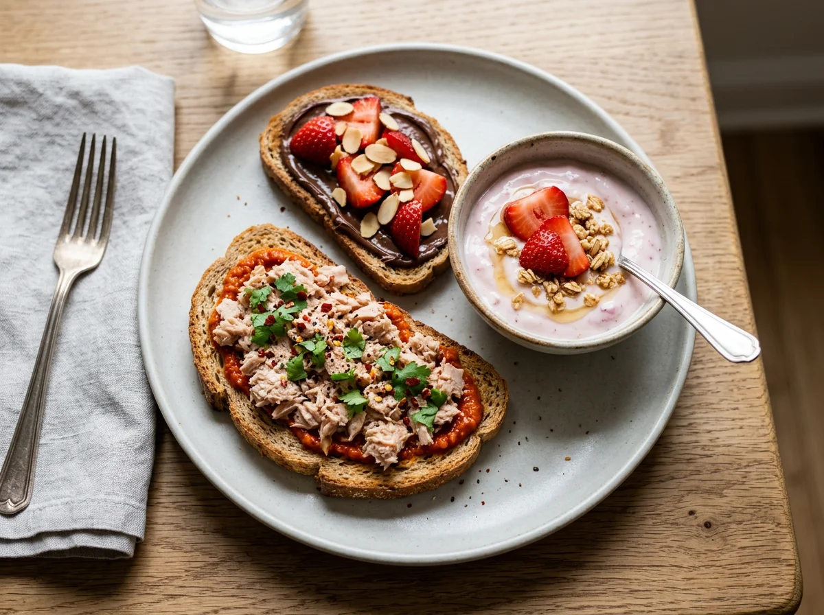 Tuna and Harissa Toast with Chocolate Spread and Yogurt photo