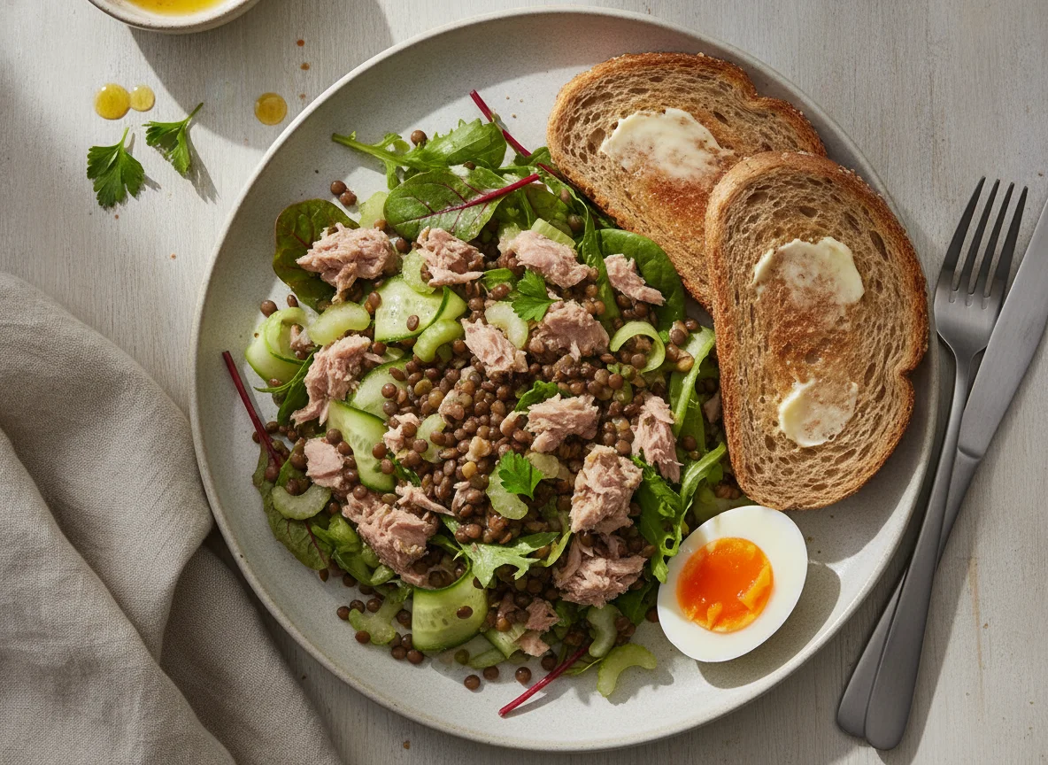 Tuna and Lentil Salad with Wholemeal Toast and Boiled Egg photo