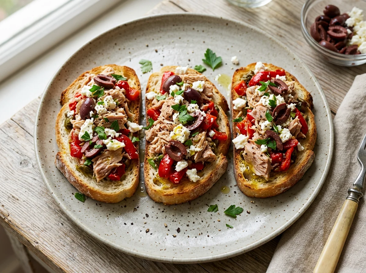 Tuna and Red Pepper Toasts with Feta and Olives photo
