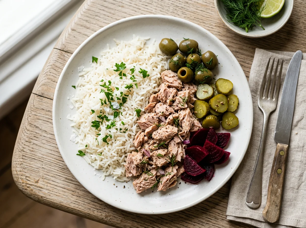 Tuna and Rice Plate with Pickles and Olives photo