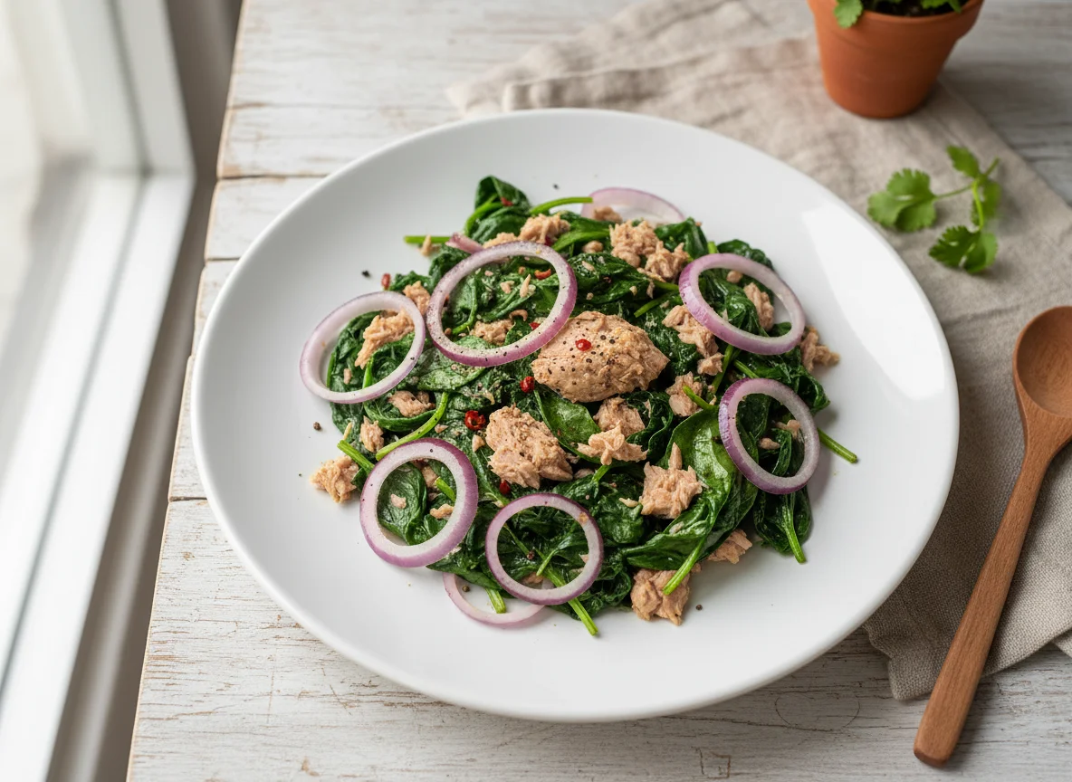 Tuna and Spinach Stir-fry with Red Onion photo