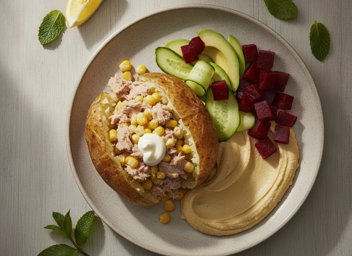 Tuna and Sweetcorn Jacket Potato with Hummus and Salad photo