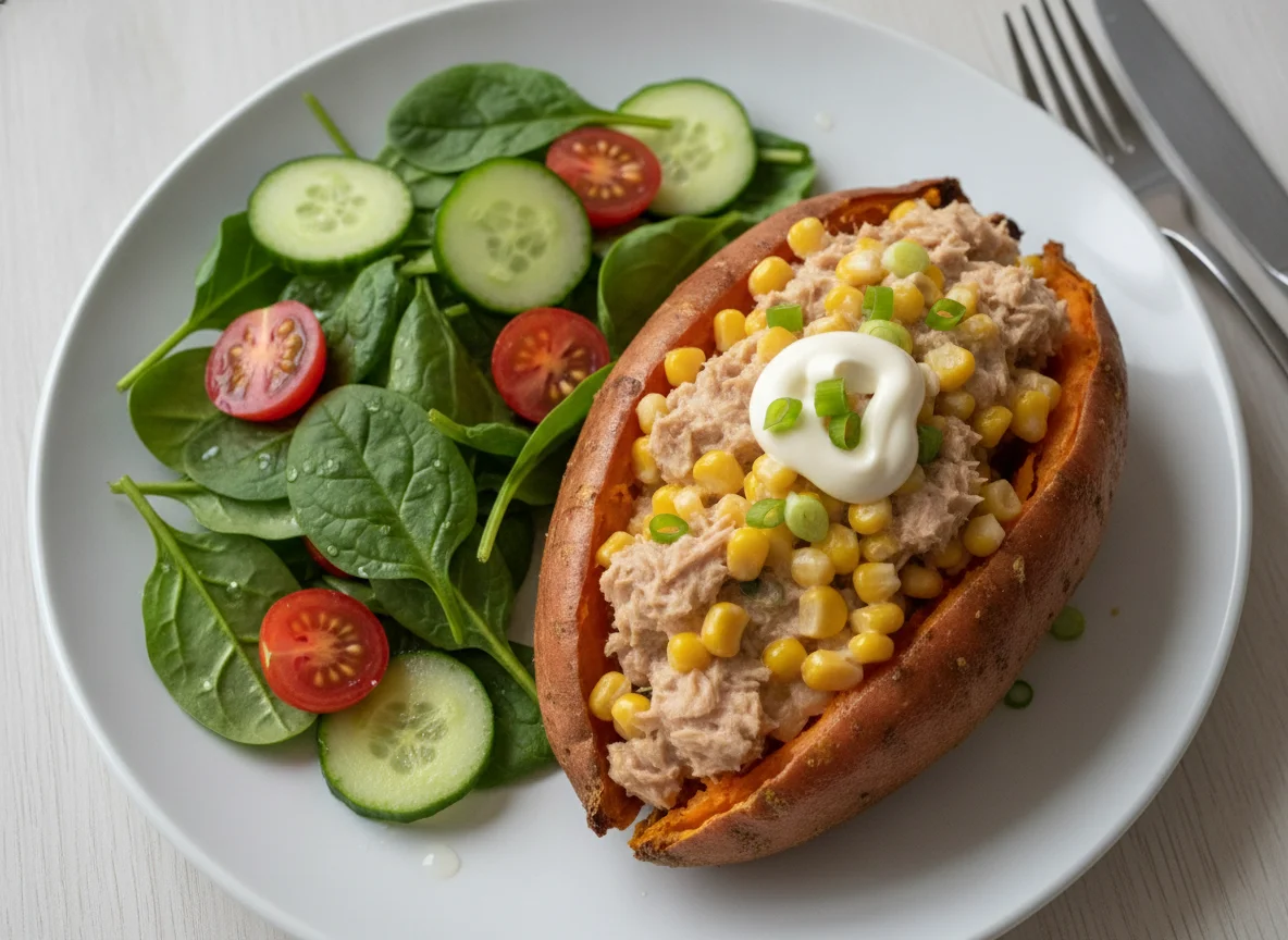 Tuna and Sweetcorn Loaded Sweet Potato with Side Salad photo