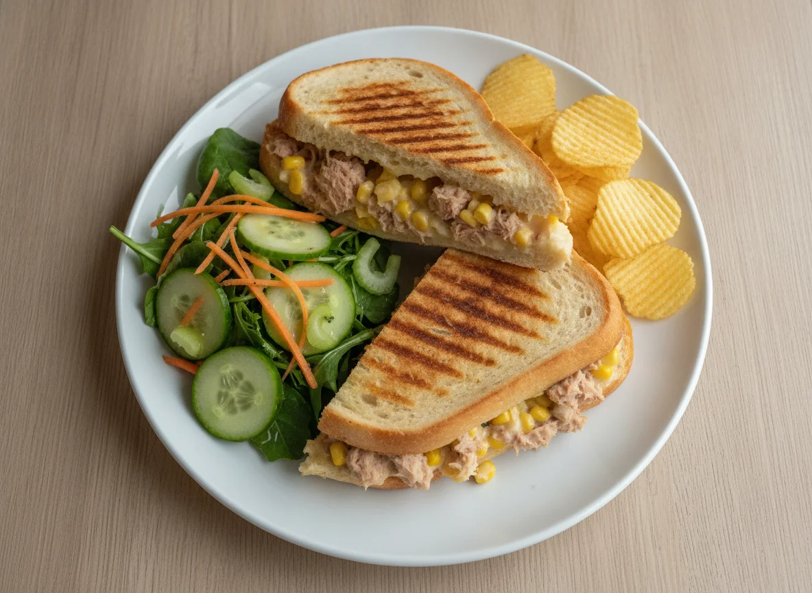 Tuna and Sweetcorn Panini with Side Salad and Crisps photo