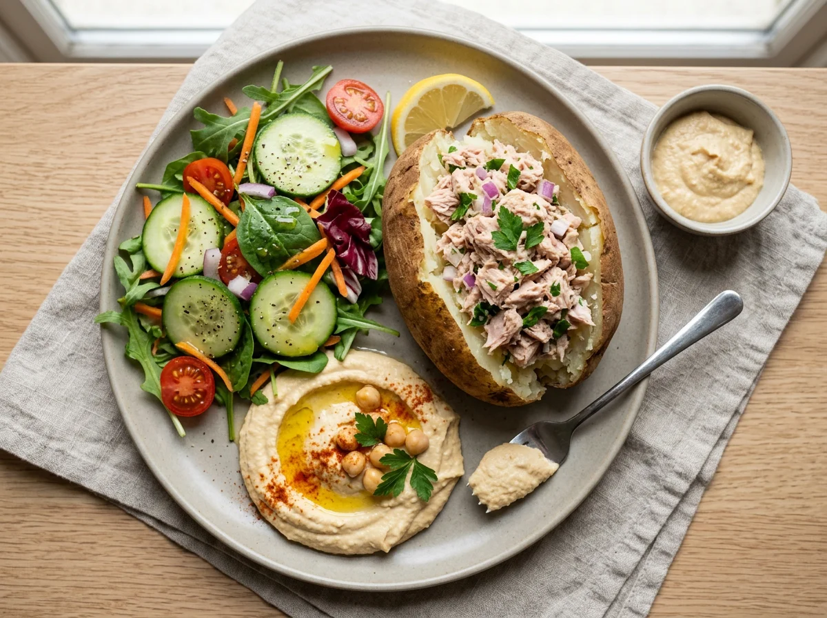 Tuna Baked Potato with Salad and Hummus photo