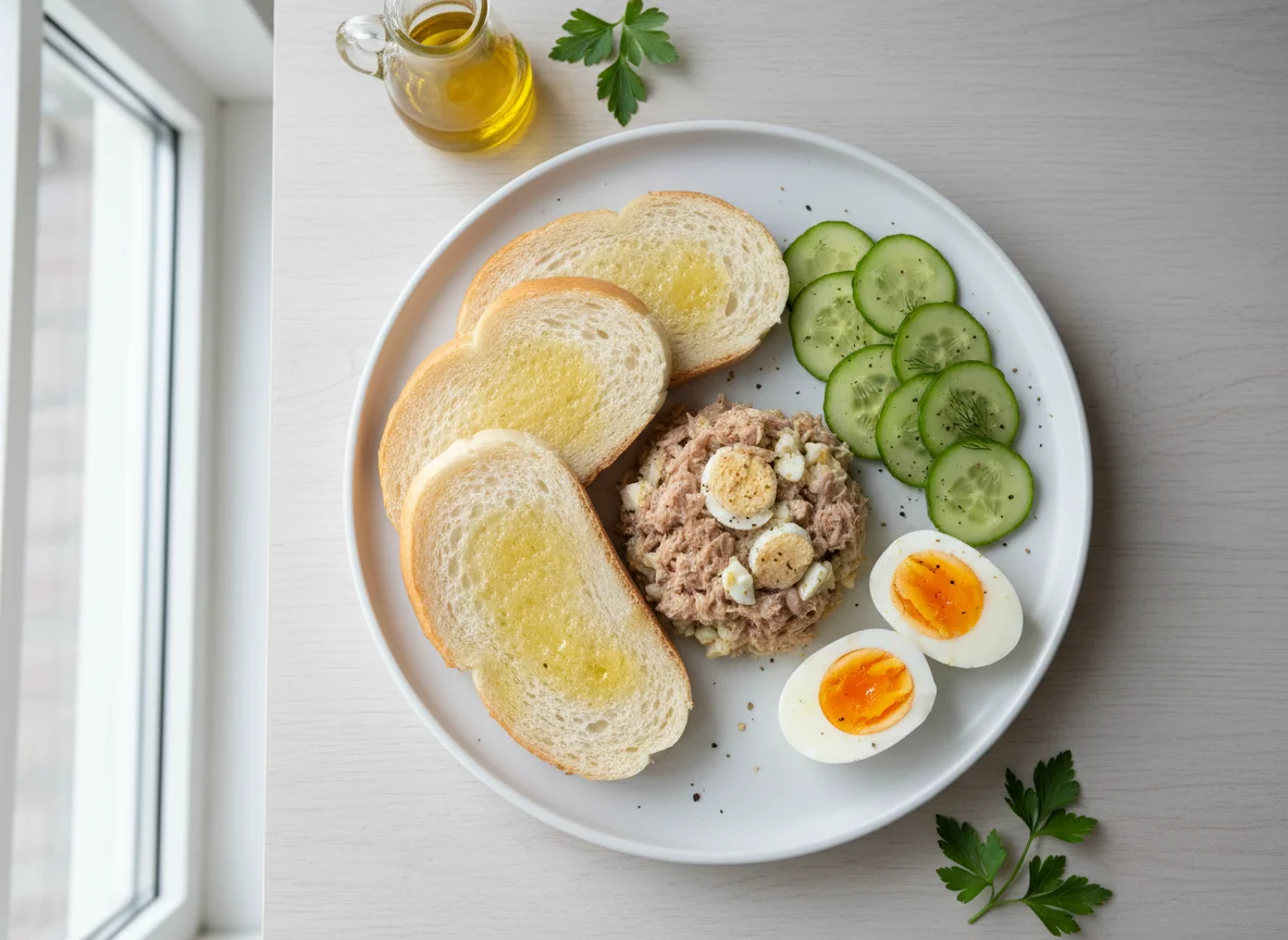 Tuna, Egg, Bread and Cucumber Meal photo