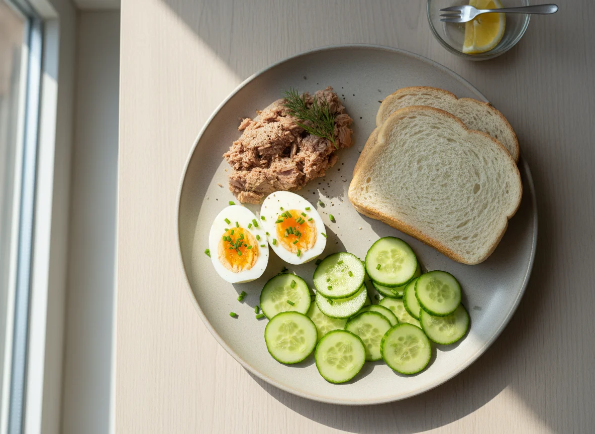 Tuna, Egg White, Bread and Cucumber Meal photo