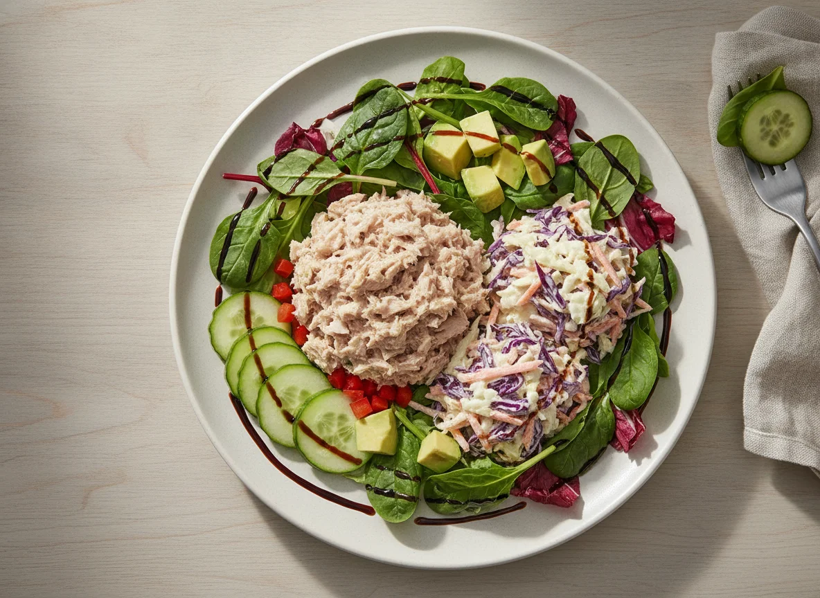 Tuna Mayo Salad with Coleslaw and Balsamic Glaze photo