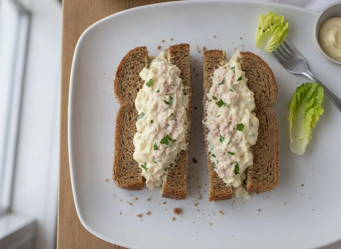 Tuna mayonnaise sandwich on wholemeal bread photo