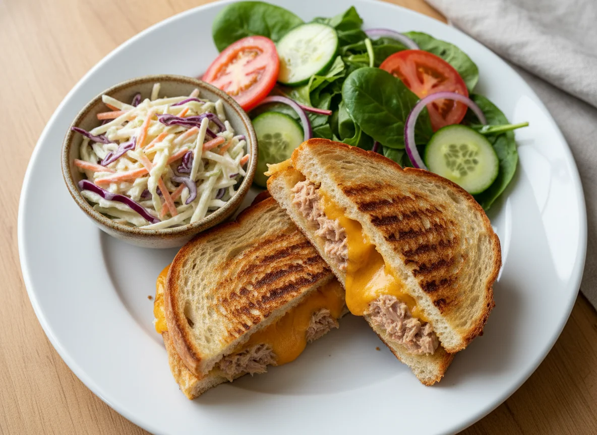 Tuna Melt Panini with Salad and Coleslaw photo