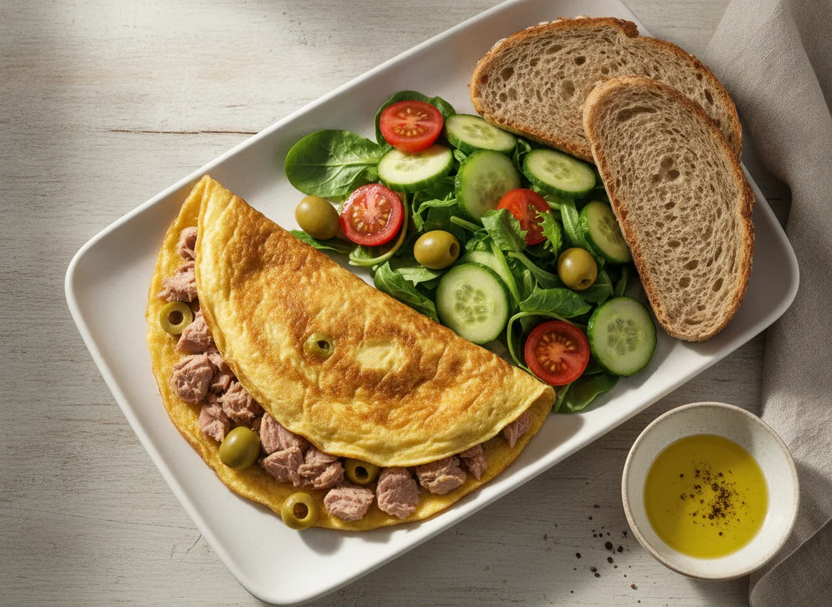 Tuna omelette with salad and bread photo