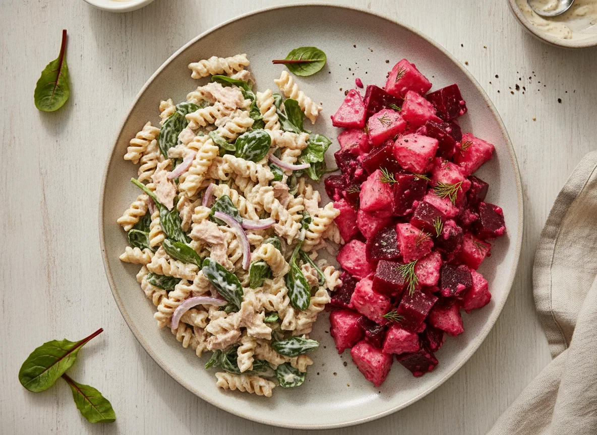 Tuna Pasta Salad with Beetroot and Potato Salad photo