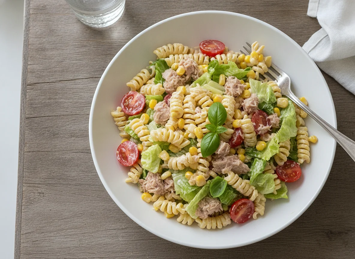 Tuna pasta salad with corn and tomatoes photo