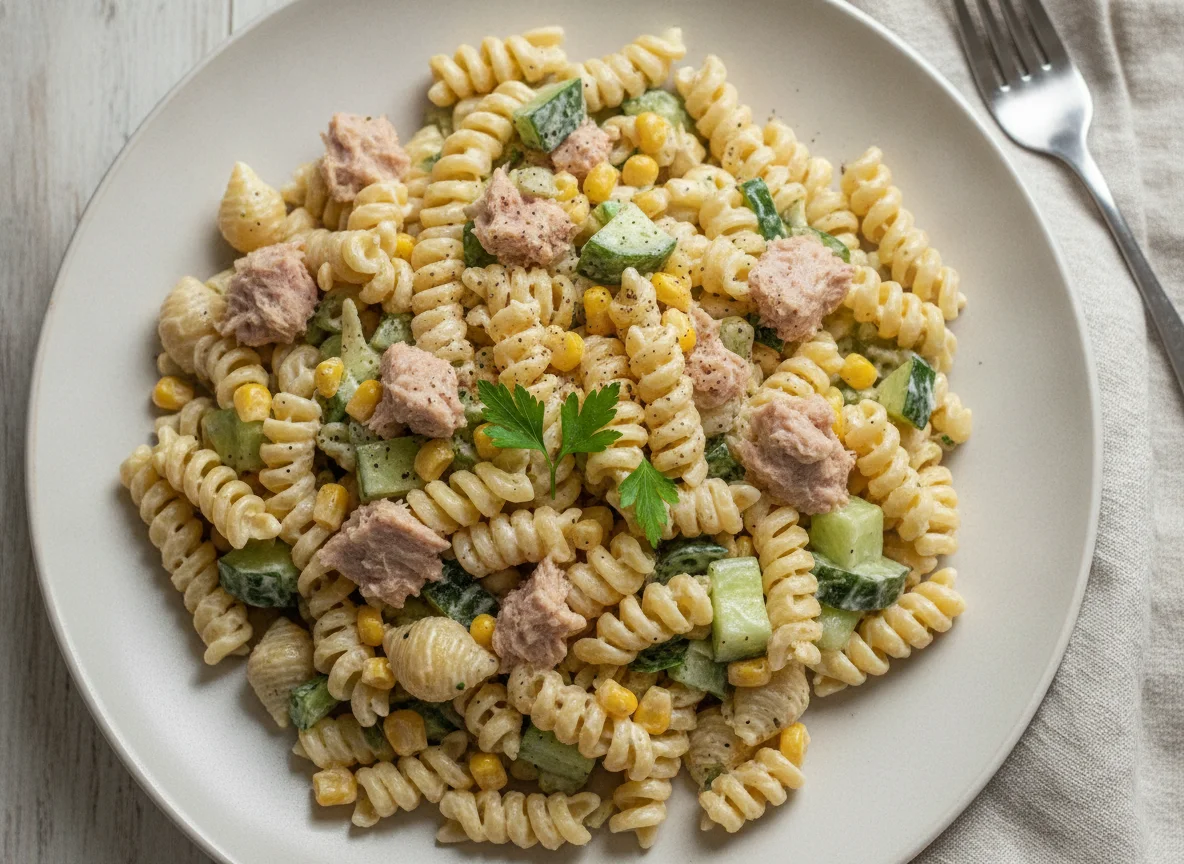 Tuna pasta salad with sweetcorn and cucumber photo