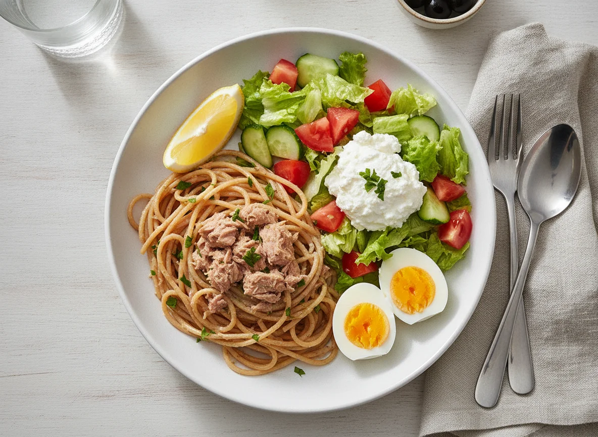 Tuna pasta with boiled eggs and cottage cheese salad photo