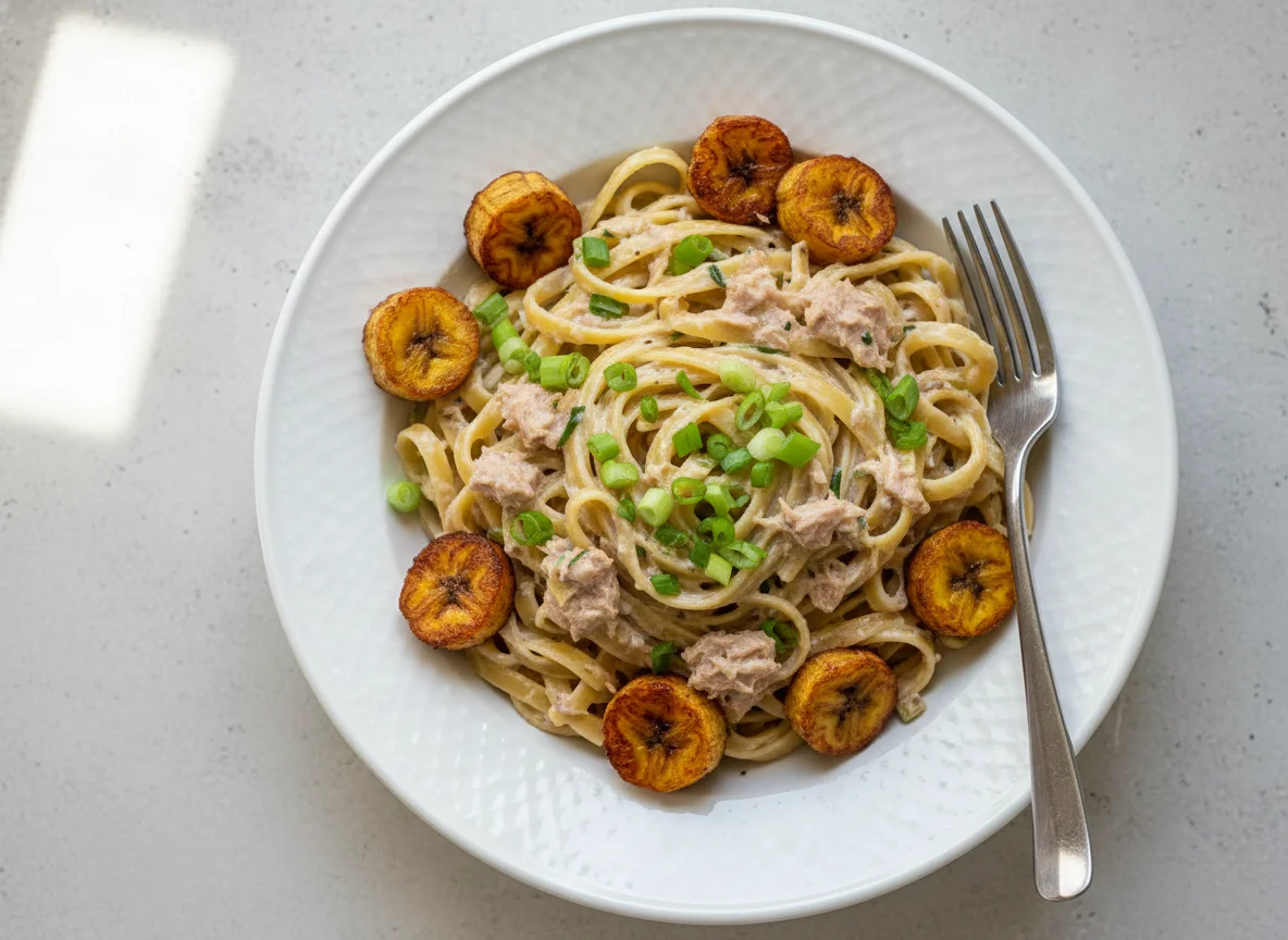Tuna pasta with fried plantain photo