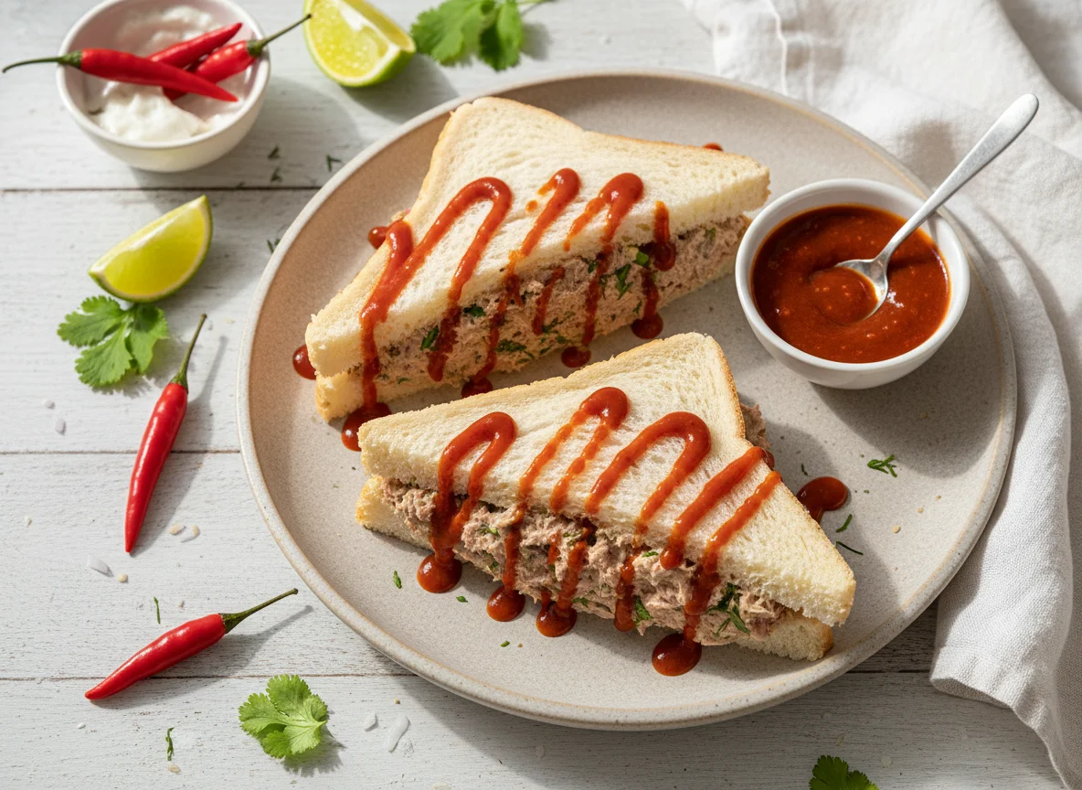 Tuna paste sandwiches with chili sauce photo
