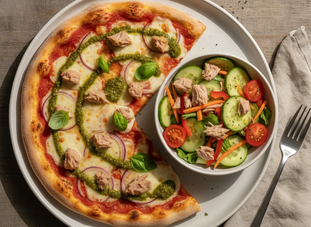 Tuna Pizza with Fresh Vegetable Salad photo