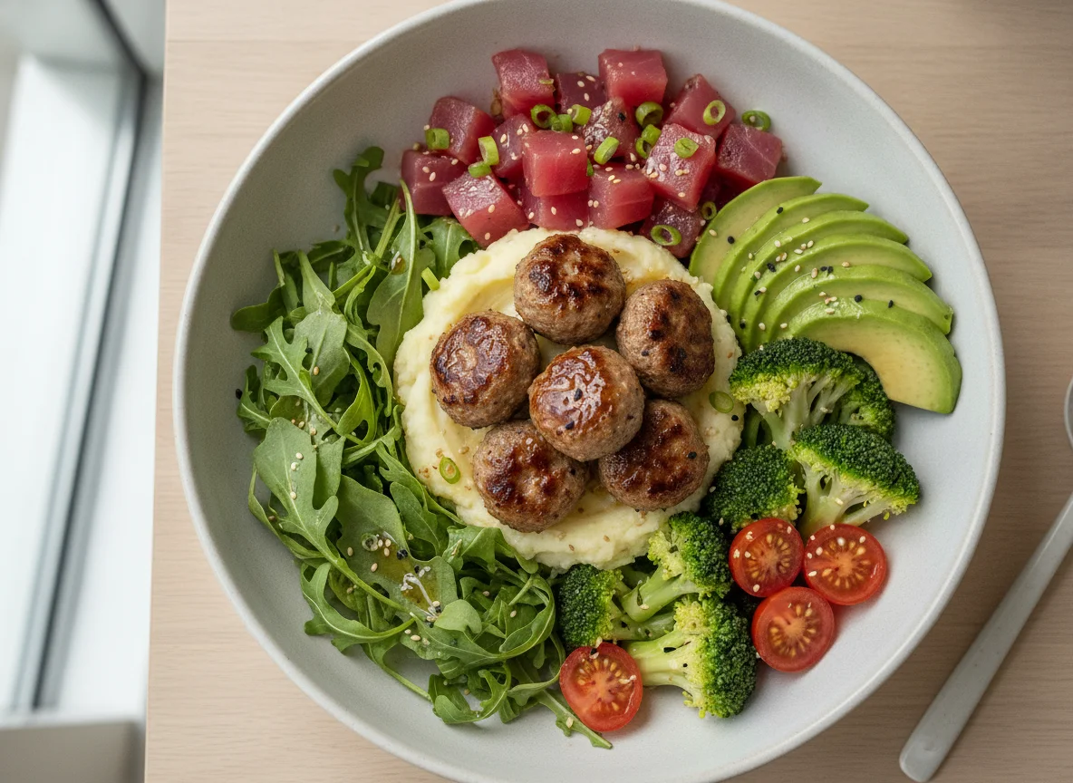 Tuna Poke Bowl with Mashed Potatoes and Meatballs photo