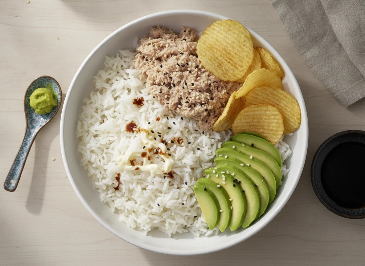 Tuna Rice Bowl with Avocado and Potato Chips photo