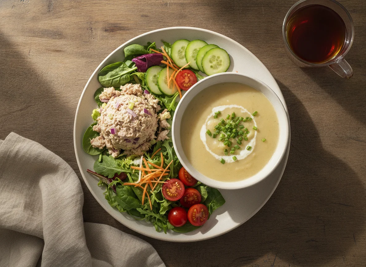 Tuna Salad and Creamy Soup Meal photo