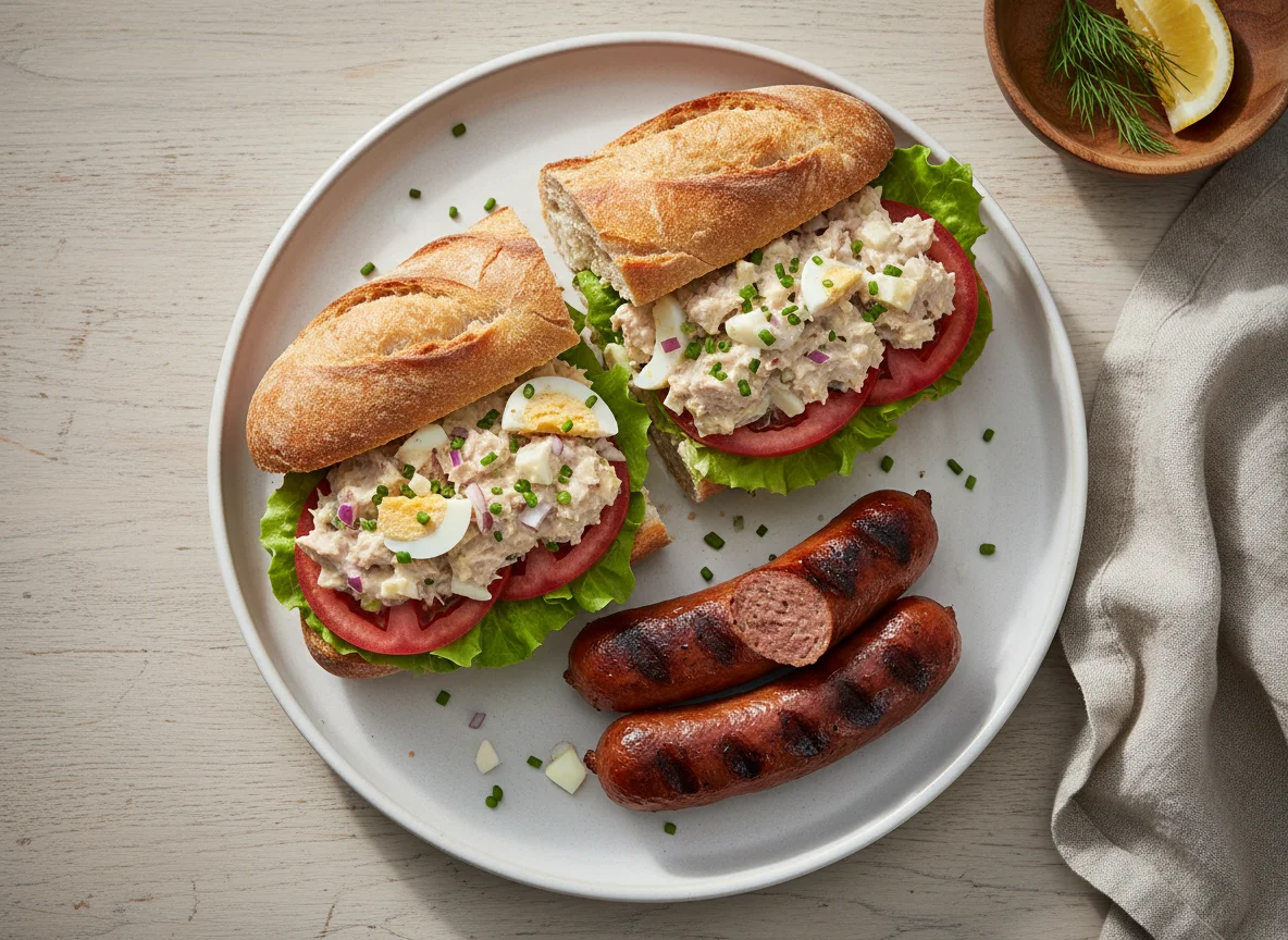 Tuna Salad Baguette with Grilled Sausage photo