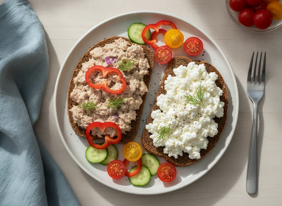 Tuna salad on rye bread with cottage cheese and vegetables photo