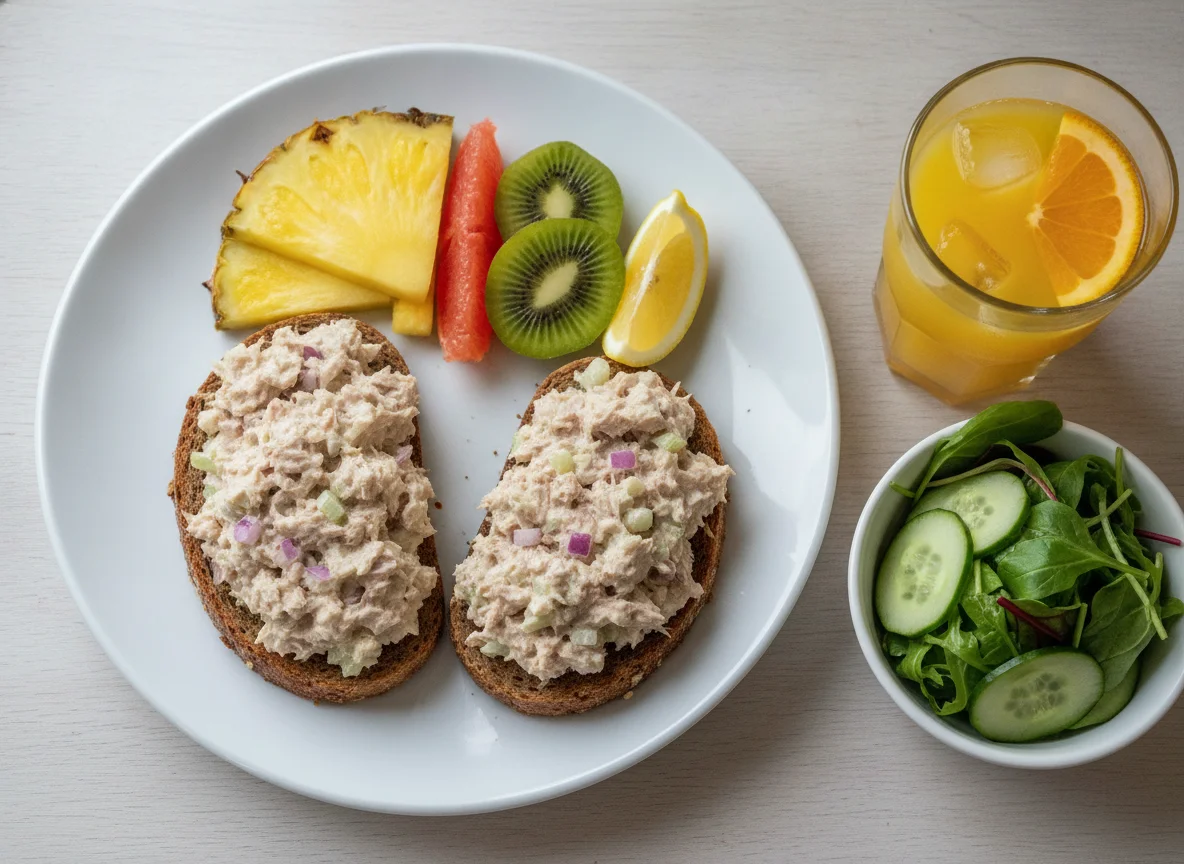 Tuna salad on rye bread with fresh fruit and orange juice photo