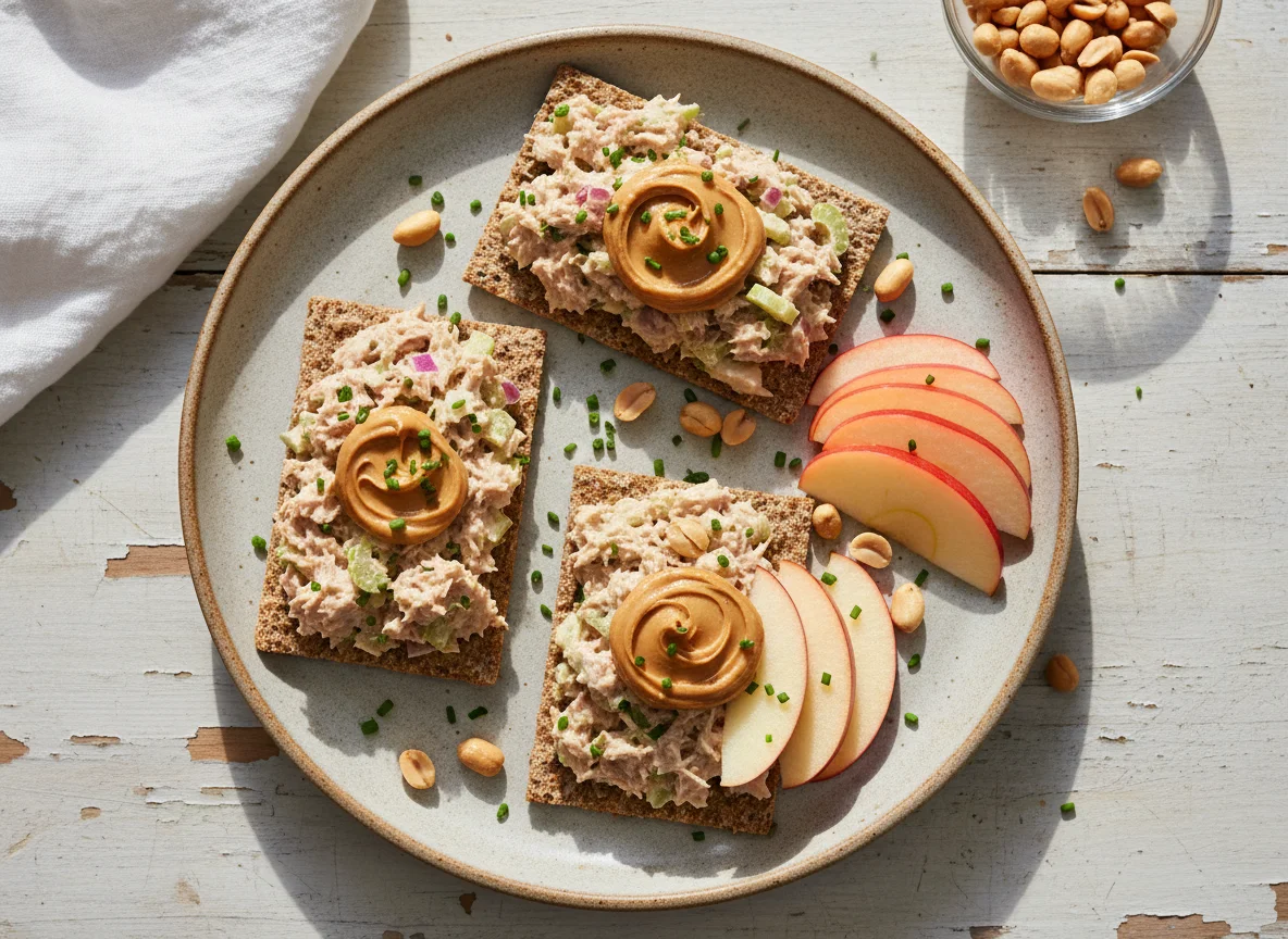 Tuna Salad on Rye Crackers with Apple and Peanut Butter photo