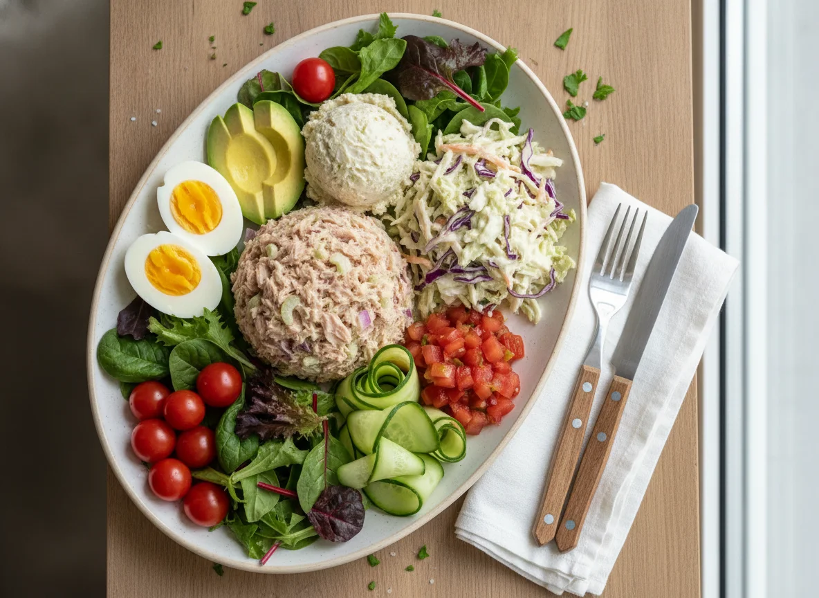 Tuna Salad Platter with Coleslaw and Hard Boiled Eggs photo
