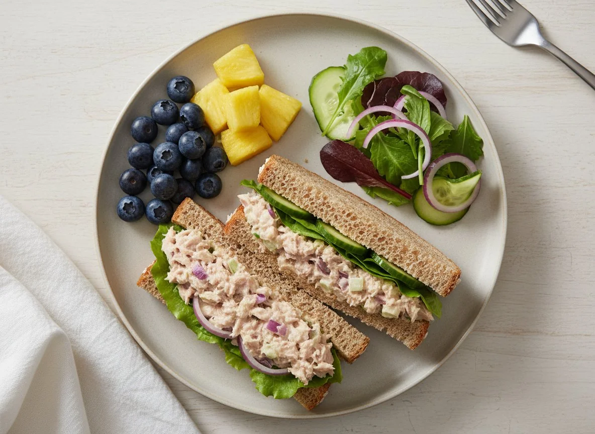 Tuna Salad Sandwich with Fruit and Vegetables photo