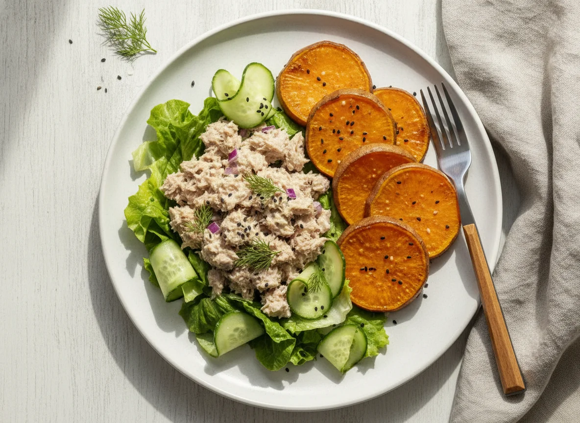 Tuna salad with baked sweet potato photo