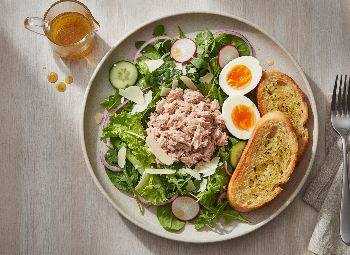 Tuna Salad with Boiled Egg and Garlic Bread photo