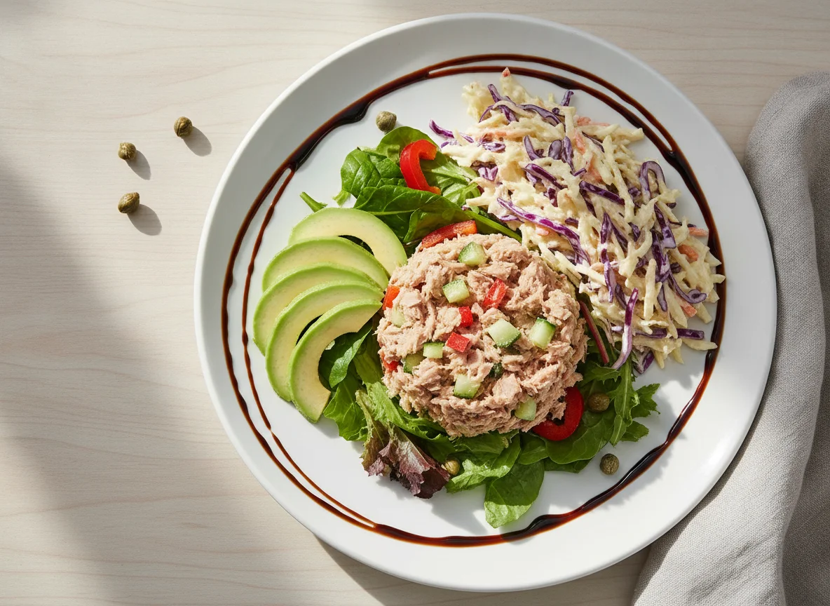 Tuna Salad with Coleslaw and Balsamic Glaze photo