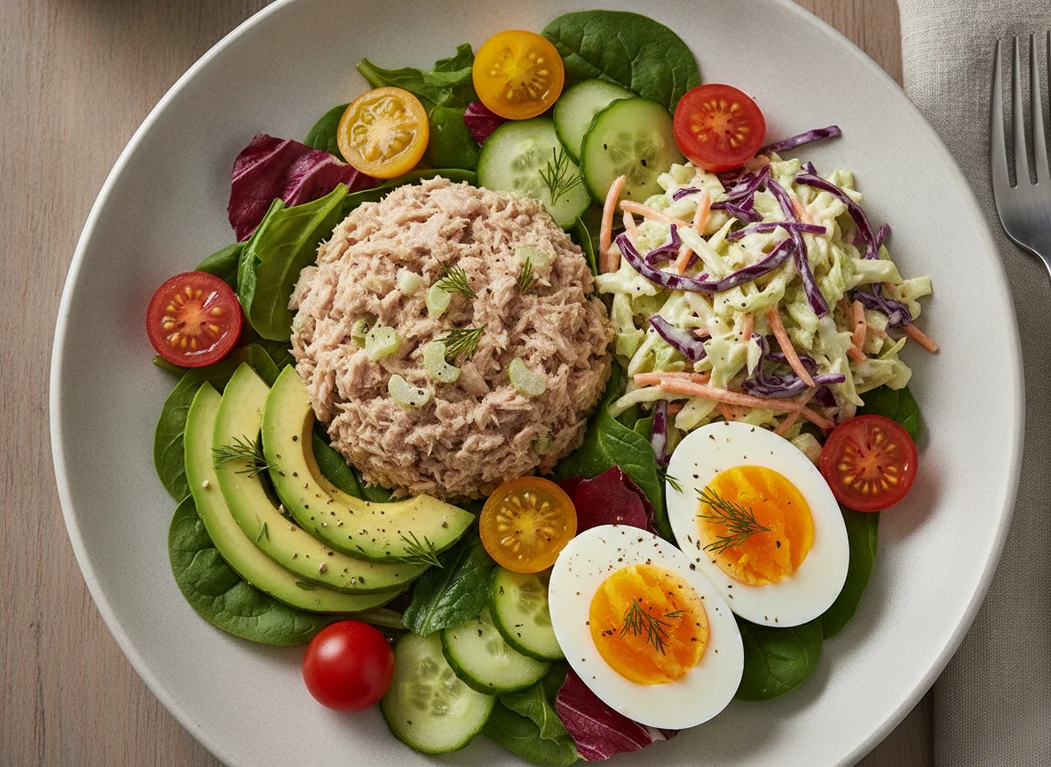 Tuna Salad with Coleslaw and Hard Boiled Eggs photo