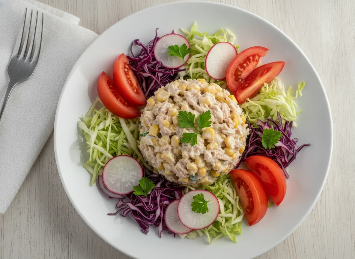 Tuna salad with corn and fresh vegetables photo