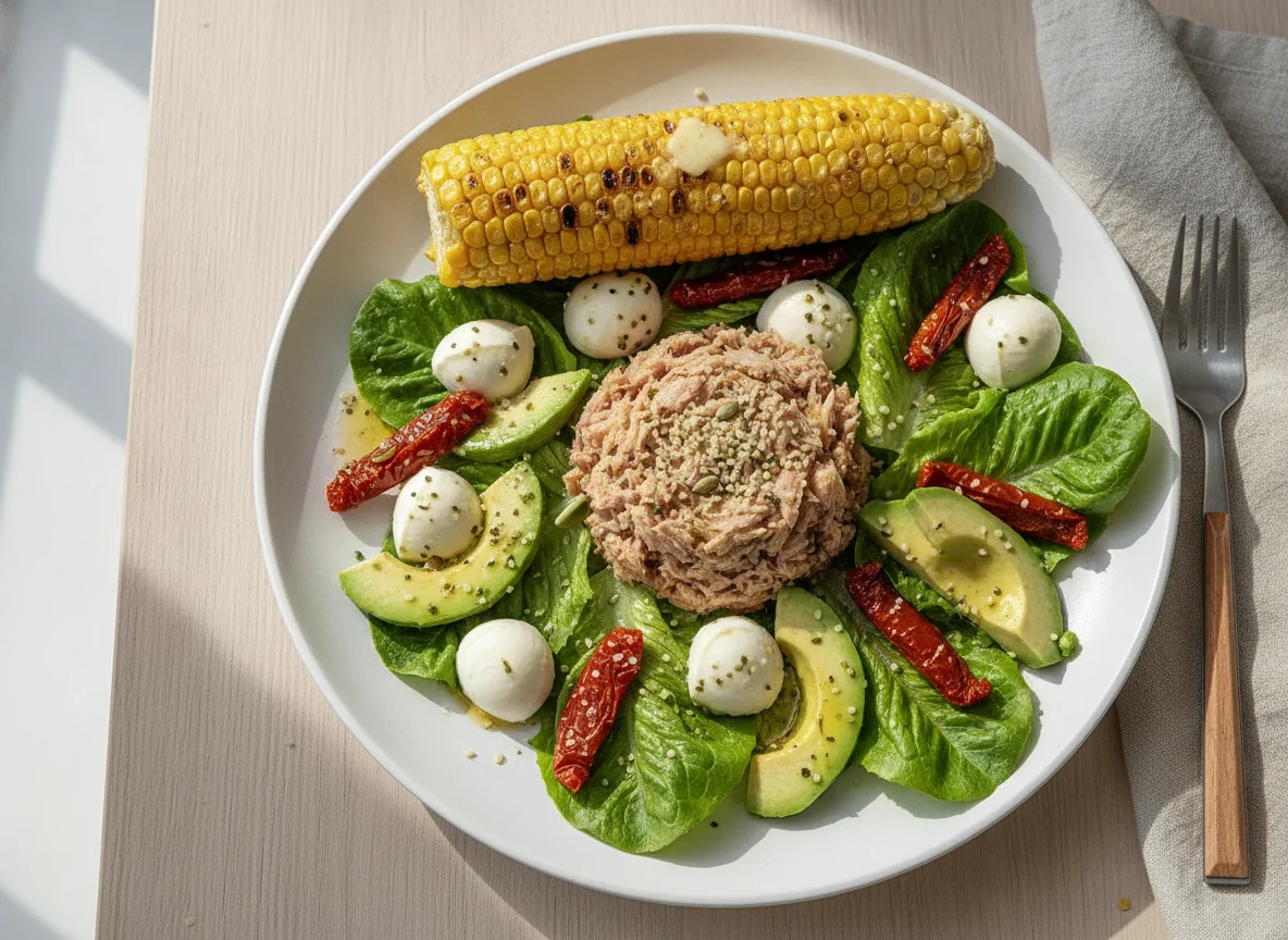 Tuna salad with corn on the cob and avocado photo