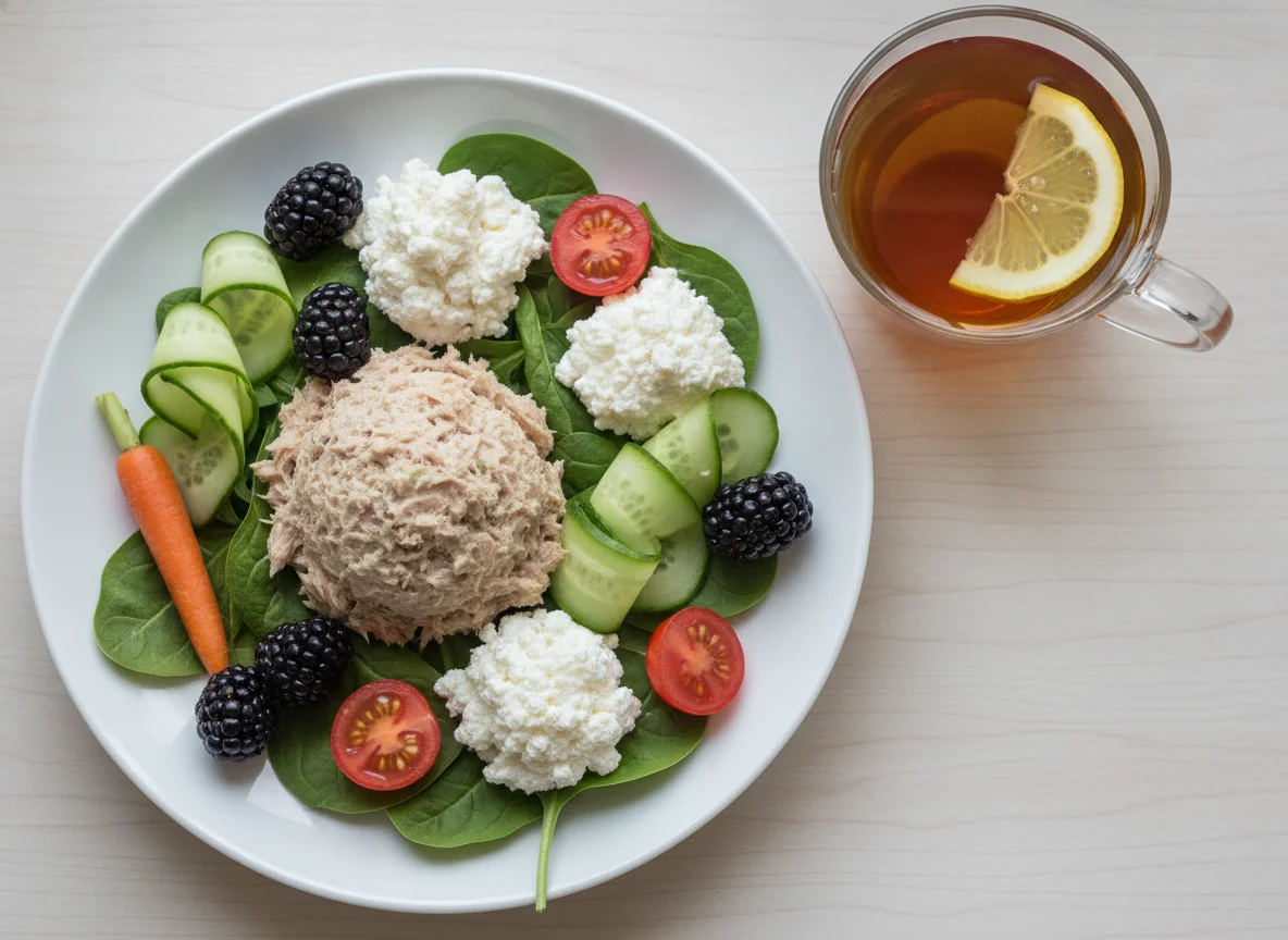 Tuna salad with cottage cheese, blackberries, and tea photo