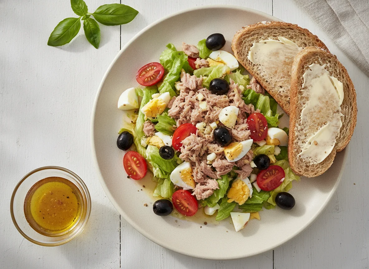 Tuna salad with eggs and bread photo