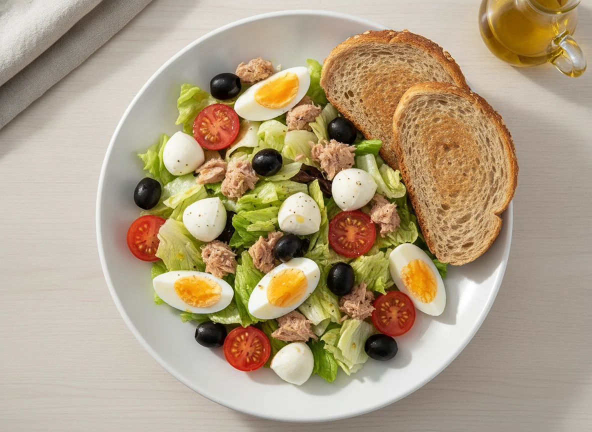 Tuna salad with eggs, bread and light mozzarella photo