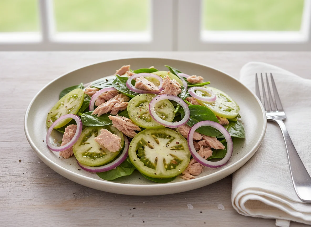 Tuna salad with green tomatoes and red onion photo