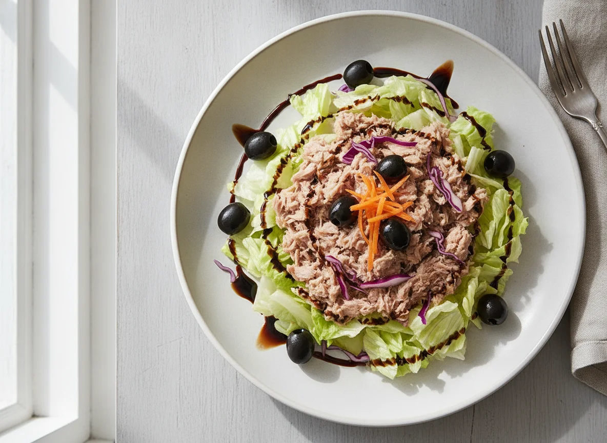 Tuna salad with olives and balsamic glaze photo