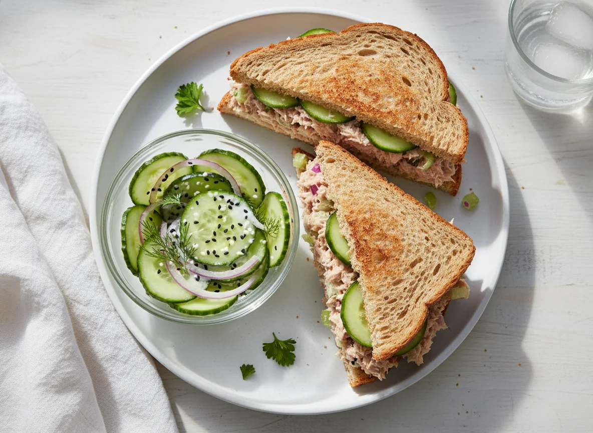 Tuna sandwich with cucumber salad photo