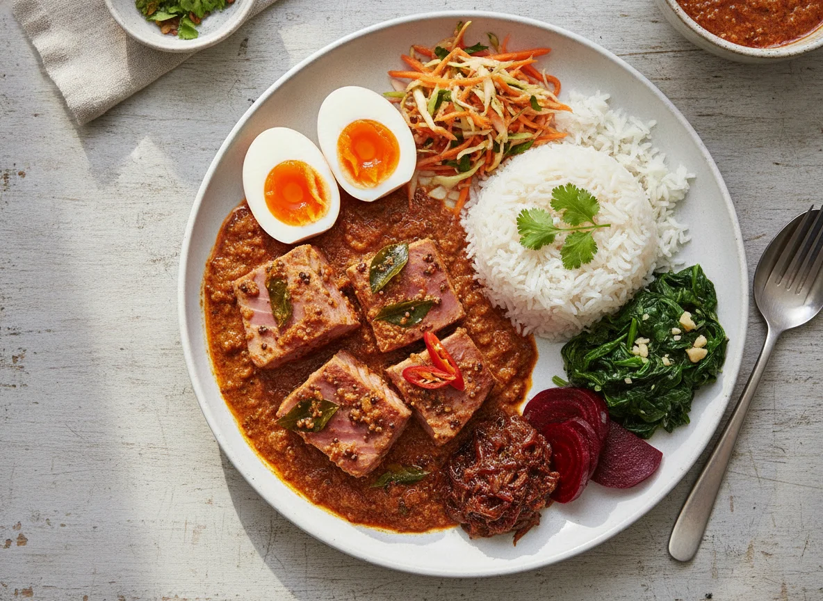 Tuna steak Fish curry with boiled eggs and vegetables photo