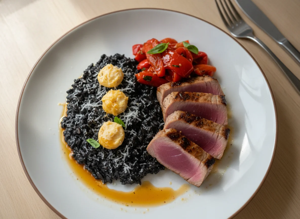 Tuna steak with black risotto and marinated peppers photo