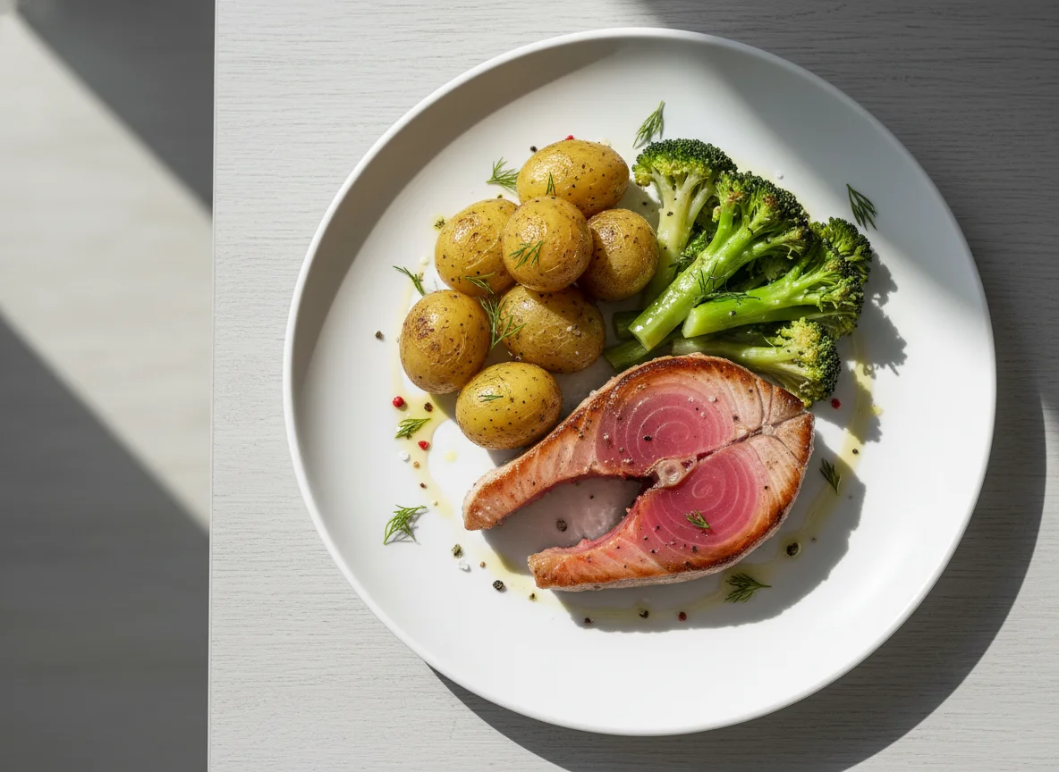 Tuna steak with new potatoes and broccoli photo